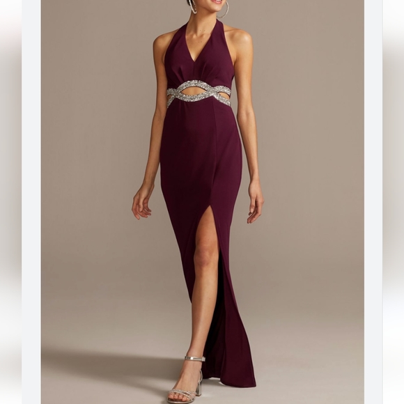 Speechless Full Length Halter Scuba Crepe Gown Jewel Midriff Cutouts Size 3 - Picture 1 of 10